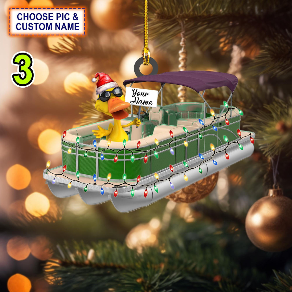 Custom Name Funny Yellow Duckies In Pontoon Boat Personalized Ornament, Christmas Ornament, Hanging Decor, Flat 2D Ornament
