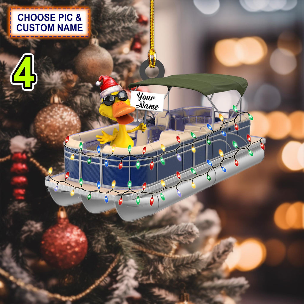 Custom Name Funny Yellow Duckies In Pontoon Boat Personalized Ornament, Christmas Ornament, Hanging Decor, Flat 2D Ornament
