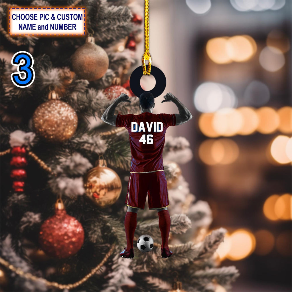 Custom Name And Number Play Soccer Christmas Ornament, Christmas Tree Hanging Decor, Flat 2D Ornament Acrylic, Soccer Team Gift