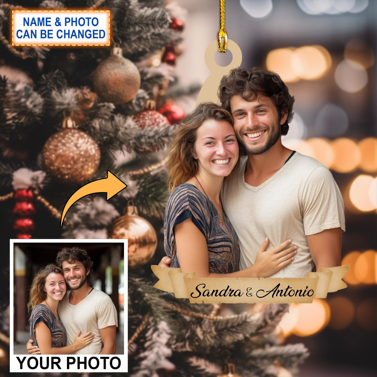 Custom Couple Photo Personalized Picture & Name Ornament, Christmas Tree Hanging Decor, Christmas Ornament, Flat 2D Ornament Acrylic