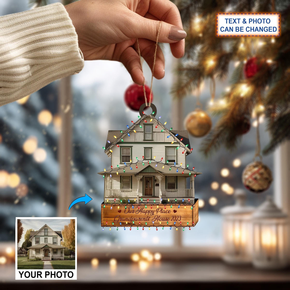 Custom Text And Picture Personalized Your Grandparents House Photo Christmas Tree Hanging Decor, Christmas Ornament, Flat 2D Ornament