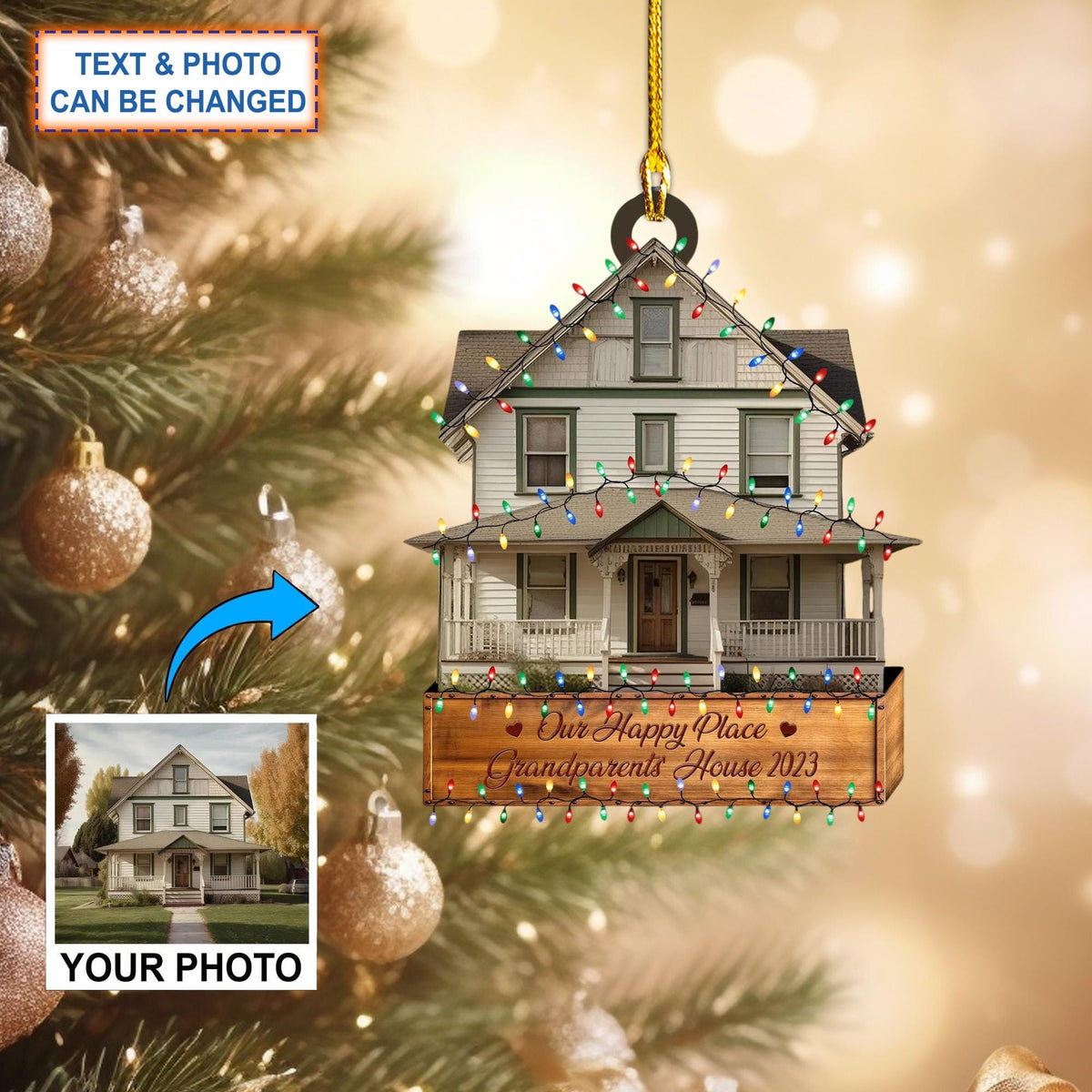 Custom Text And Picture Personalized Your Grandparents House Photo Christmas Tree Hanging Decor, Christmas Ornament, Flat 2D Ornament