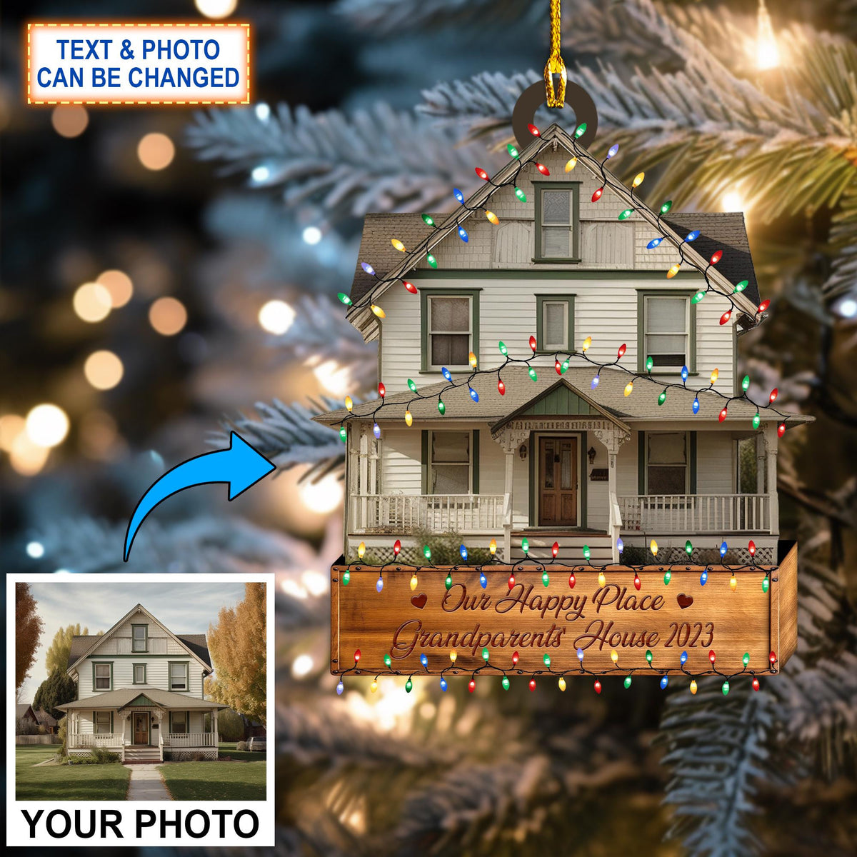 Custom Text And Picture Personalized Your Grandparents House Photo Christmas Tree Hanging Decor, Christmas Ornament, Flat 2D Ornament