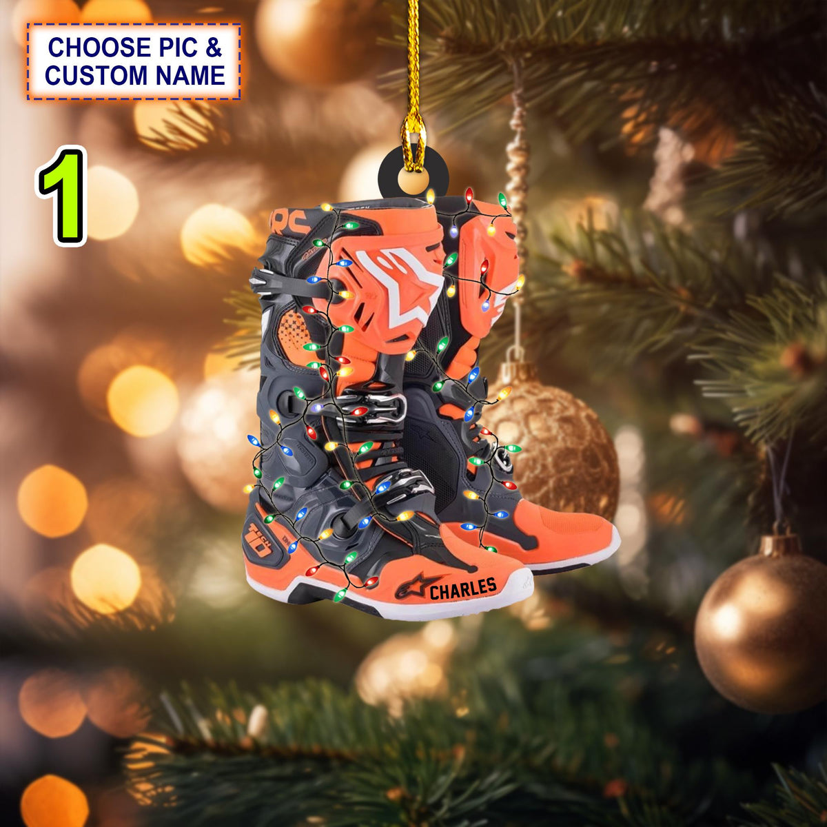 Custom Name Motocross Shoes With Christmas Light Christmas Ornament,Christmas Tree Hanging Decor, Flat 2D Ornament Acrylic