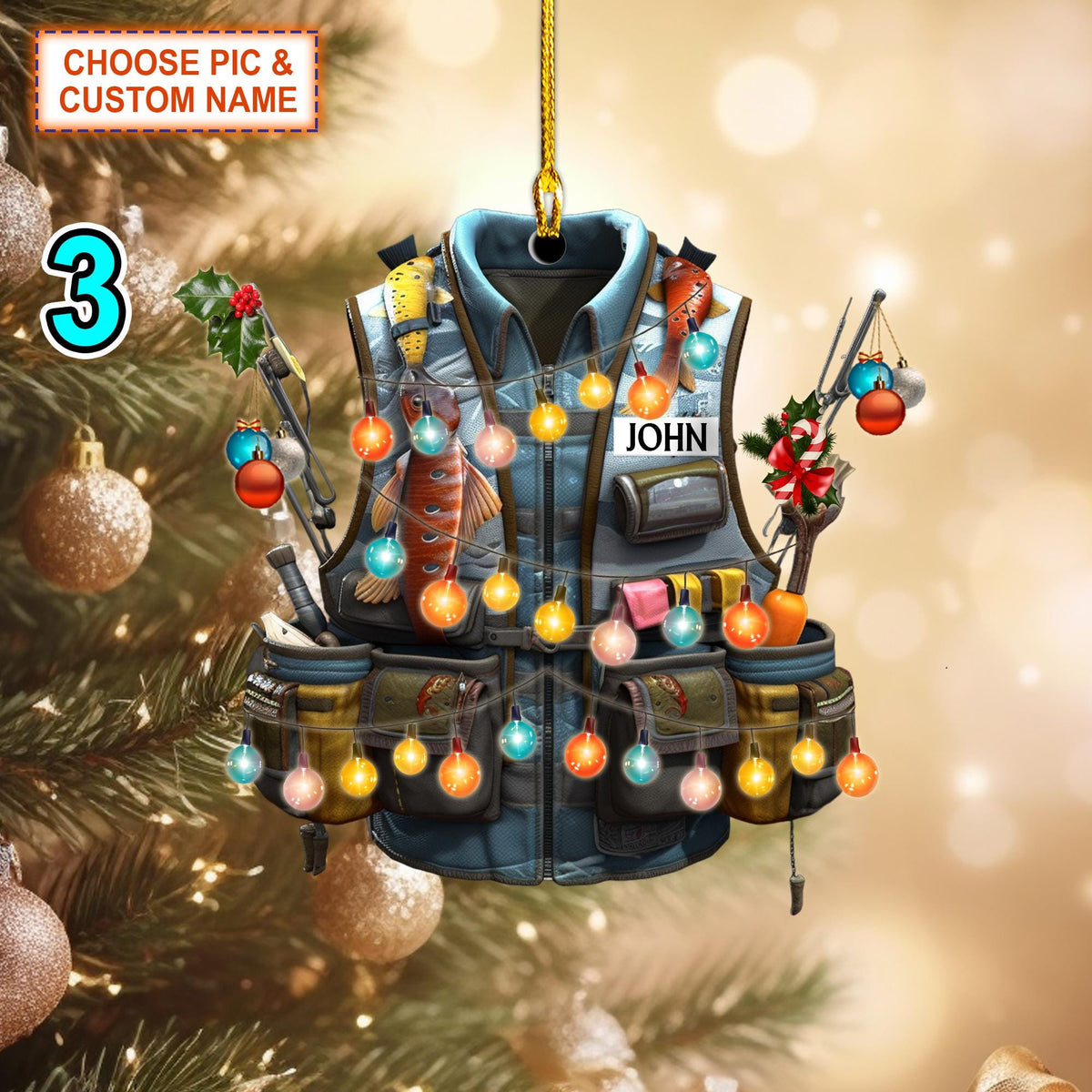 Custom Name Fishing Vest Christmas Ornament, Christmas Tree Hanging Decor, Flat 2D Ornament Acrylic, Gift For Fishing Lovers
