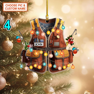 Custom Name Fishing Vest Christmas Ornament, Christmas Tree Hanging Decor, Flat 2D Ornament Acrylic, Gift For Fishing Lovers