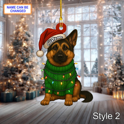 Custom Name Sitting German Shepherd Dog With Santa Hat And Christmas Lights Ornament, Festive Tree Hanging Decor, Christmas Flat 2d Ornament