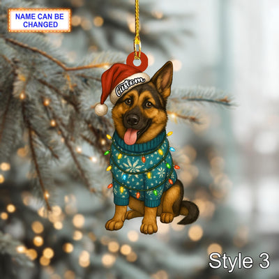 Custom Name Sitting German Shepherd Dog With Santa Hat And Christmas Lights Ornament, Festive Tree Hanging Decor, Christmas Flat 2d Ornament