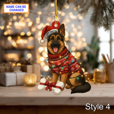 Custom Name Sitting German Shepherd Dog With Santa Hat And Christmas Lights Ornament, Festive Tree Hanging Decor, Christmas Flat 2d Ornament