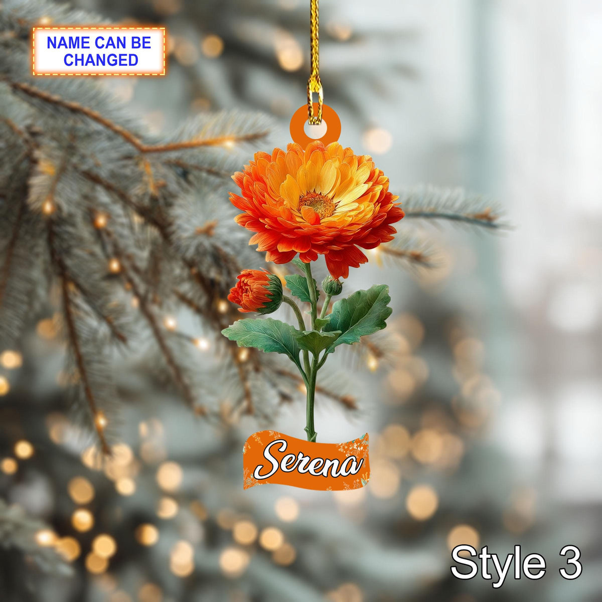 Custom Name Dry Pressing Gerbera Daisy Personalized Ornament, Christmas Tree Hanging Decor, 2D Flat Acrylic Christmas Ornament Holiday Gift