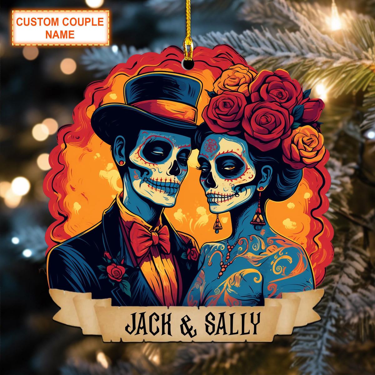 Custom Name Skull Couple Christmas Ornament, Christmas Tree Hanging Decor, Flat 2D Ornament Acrylic, Gift For Couple