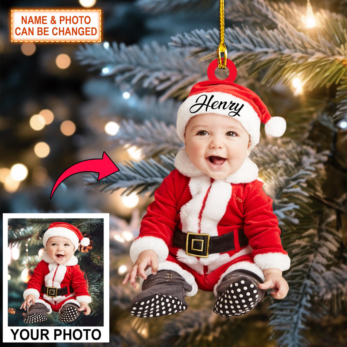 Custom Name And Photo Babie Christmas Ornament, Christmas Tree Hanging Decor, Flat 2D Ornament Acrylic, Cute Baby Gift