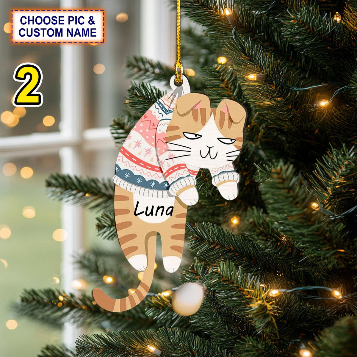 Custom Name Hanging Cats Christmas Personalized Ornament, Christmas Tree Hanging Decor, Flat 2D Ornament Acrylic