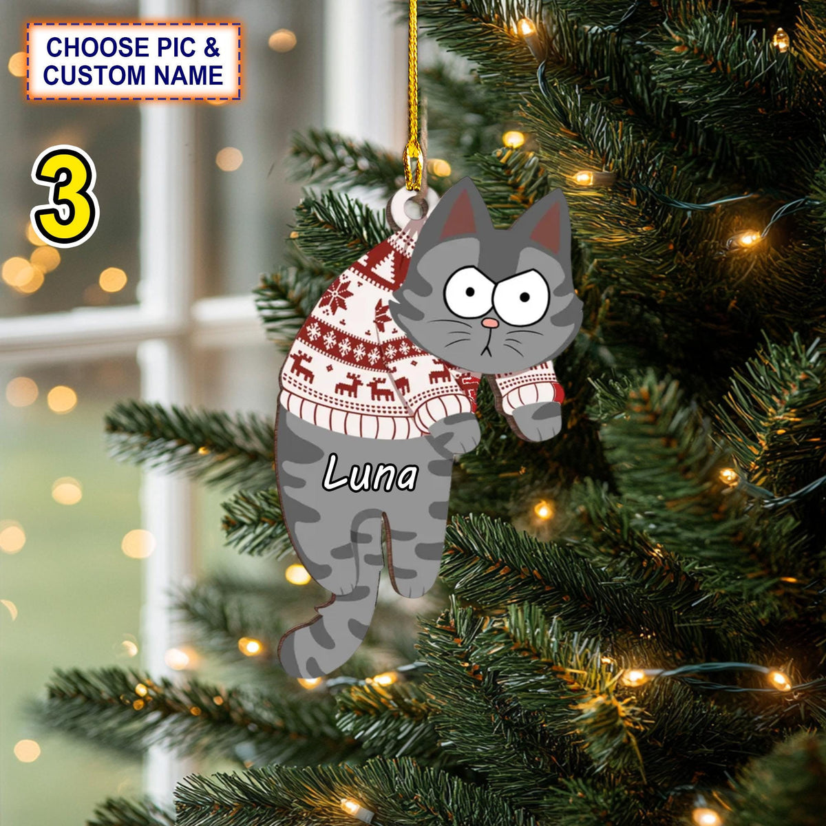 Custom Name Hanging Cats Christmas Personalized Ornament, Christmas Tree Hanging Decor, Flat 2D Ornament Acrylic