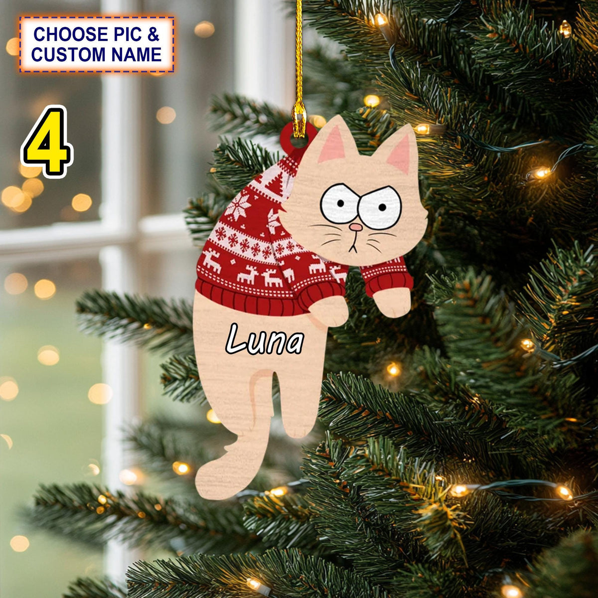 Custom Name Hanging Cats Christmas Personalized Ornament, Christmas Tree Hanging Decor, Flat 2D Ornament Acrylic