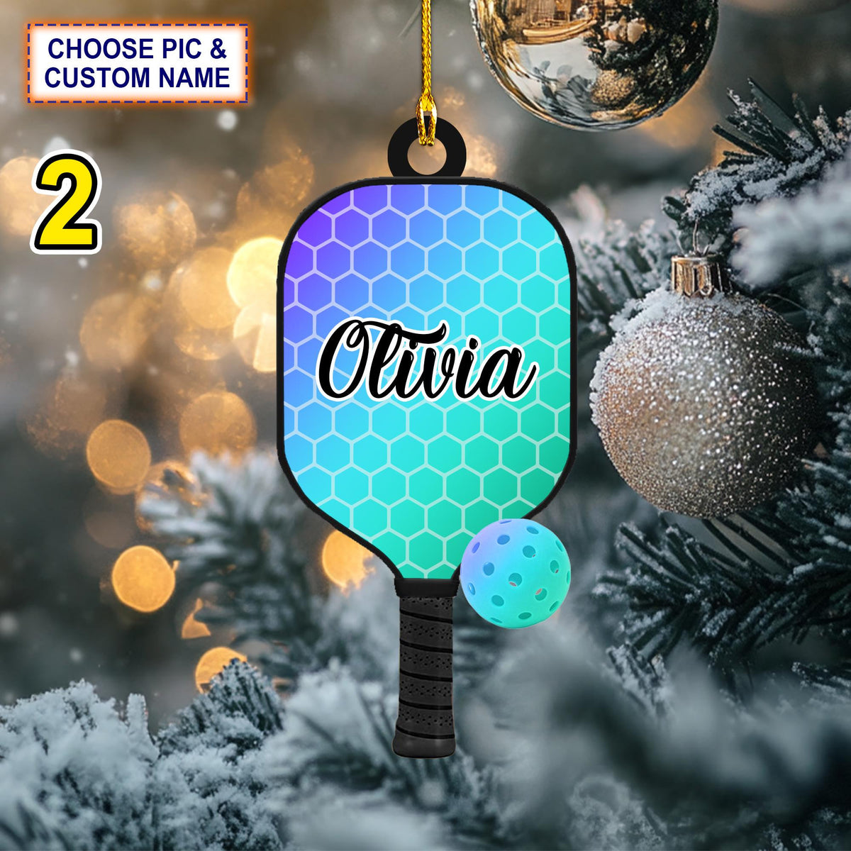 Custom Name Pickleball Racket and Ball Personalized Christmas Ornament, Christmas Tree Hanging Decor,Flat 2D Ornament Acrylic/ Wooden