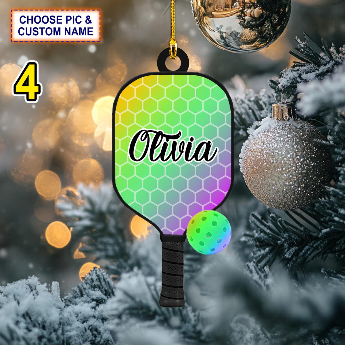Custom Name Pickleball Racket and Ball Personalized Christmas Ornament, Christmas Tree Hanging Decor,Flat 2D Ornament Acrylic/ Wooden