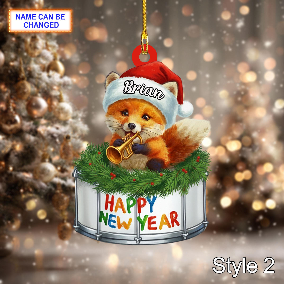 Custom Name Happy New Year Fox Personalized Ornament, Christmas Tree Hanging Decor, 2D Flat Acrylic Christmas Ornament Holiday Keepsake Gift