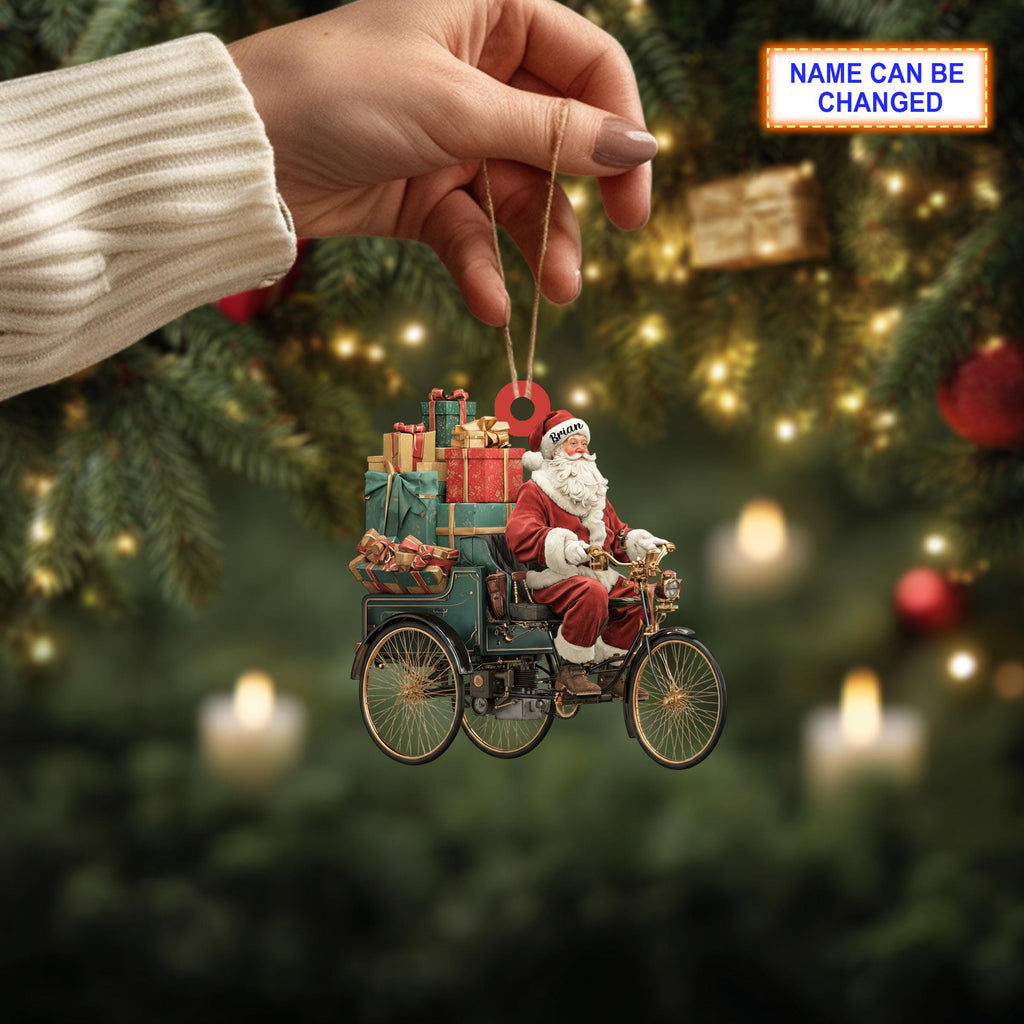 Custom Name Santa Drives Cyclo Personalized Ornament, Christmas Tree Hanging Decor, 2D Flat Acrylic Christmas Ornament Holiday Gift Fun