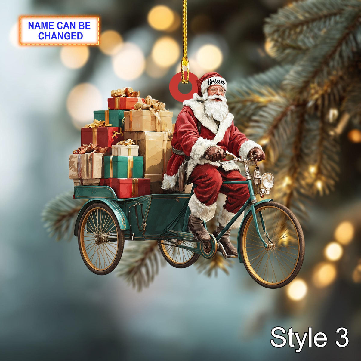 Custom Name Santa Drives Cyclo Personalized Ornament, Christmas Tree Hanging Decor, 2D Flat Acrylic Christmas Ornament Holiday Gift Fun