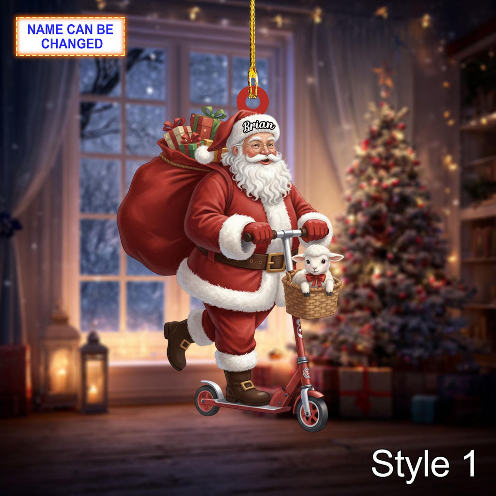 Custom Name Santa Kick Scooter Sheep Personalized Ornament, Christmas Tree Hanging Decor, 2D Flat Acrylic Christmas Ornament Holiday Gift