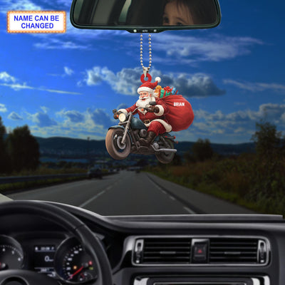 Custom Name Santa Drives Motorcycle Personalized Ornament, Christmas Tree Hanging Decor, 2D Flat Acrylic Christmas Ornament Holiday Gift