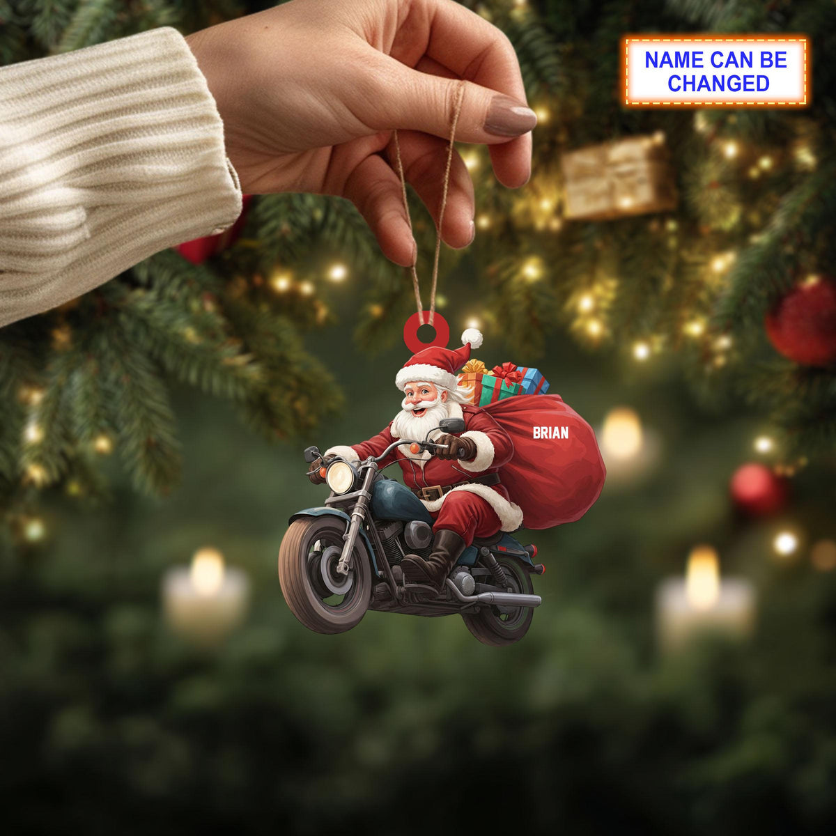 Custom Name Santa Drives Motorcycle Personalized Ornament, Christmas Tree Hanging Decor, 2D Flat Acrylic Christmas Ornament Holiday Gift