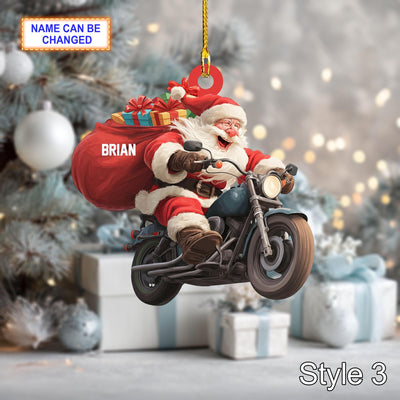 Custom Name Santa Drives Motorcycle Personalized Ornament, Christmas Tree Hanging Decor, 2D Flat Acrylic Christmas Ornament Holiday Gift