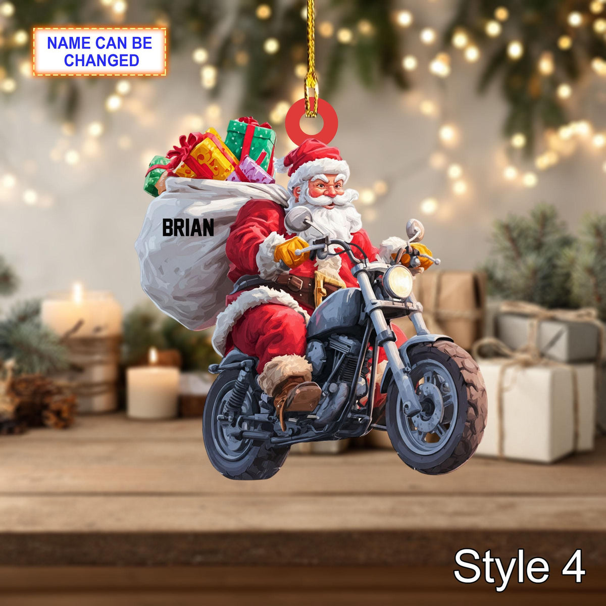 Custom Name Santa Drives Motorcycle Personalized Ornament, Christmas Tree Hanging Decor, 2D Flat Acrylic Christmas Ornament Holiday Gift