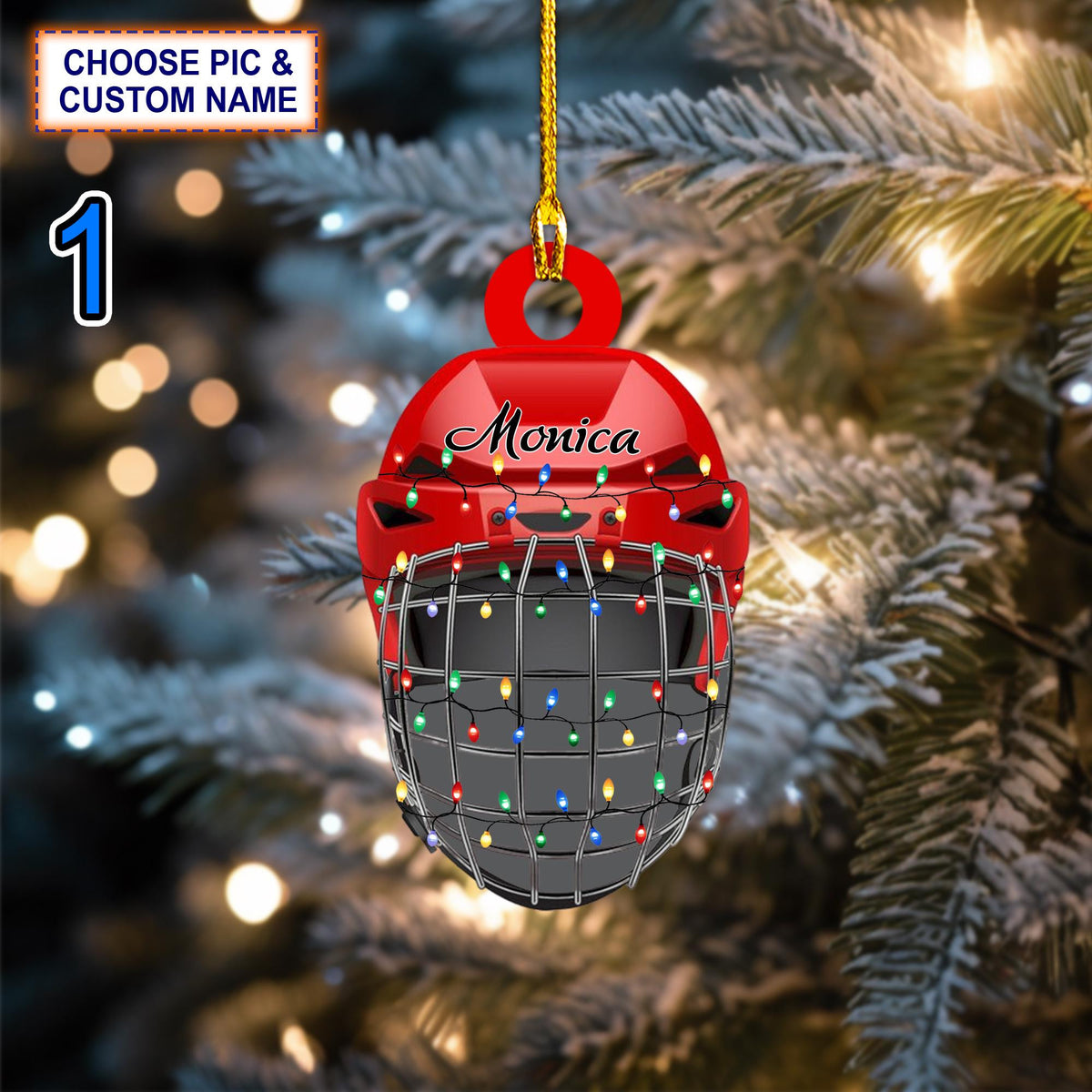 Custom Name Ice Hockey HelmetChristmas Ornament, Christmas Tree Hanging Decor, Christmas Ornament, Flat 2D Ornament Acrylic/ Wooden