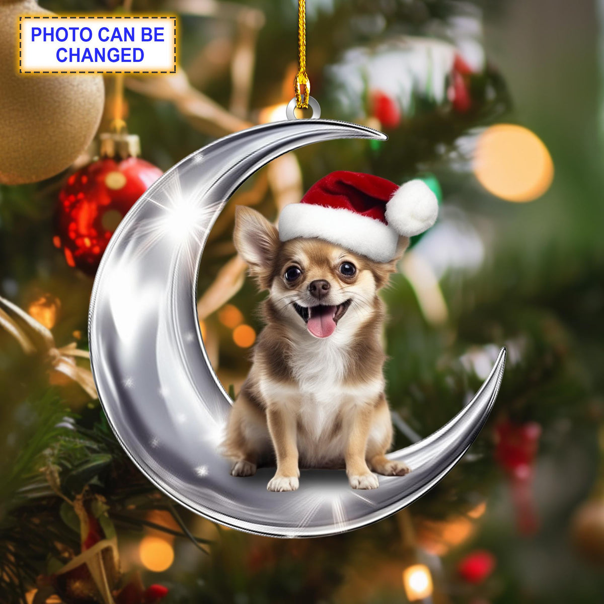 Custom Photo Chihuahua Sit On The Moon Silver Glitter Christmas Ornament, Christmas Tree Hanging Decor, Flat 2D Ornament Acrylic/ Wooden