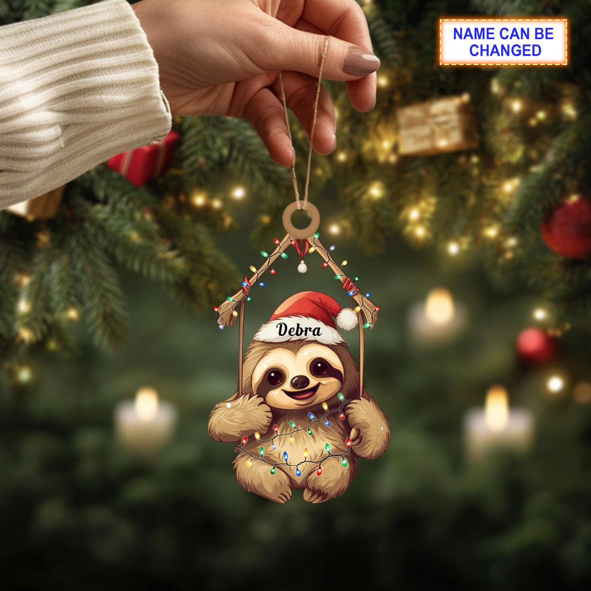 Custom Name Sloth Christmas Light Hanging Christmas Ornament, Christmas Tree Hanging Decor, Flat 2D Ornament Acrylic/ Wooden