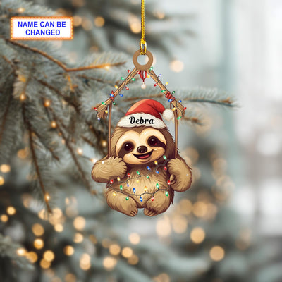 Custom Name Sloth Christmas Light Hanging Christmas Ornament, Christmas Tree Hanging Decor, Flat 2D Ornament Acrylic/ Wooden