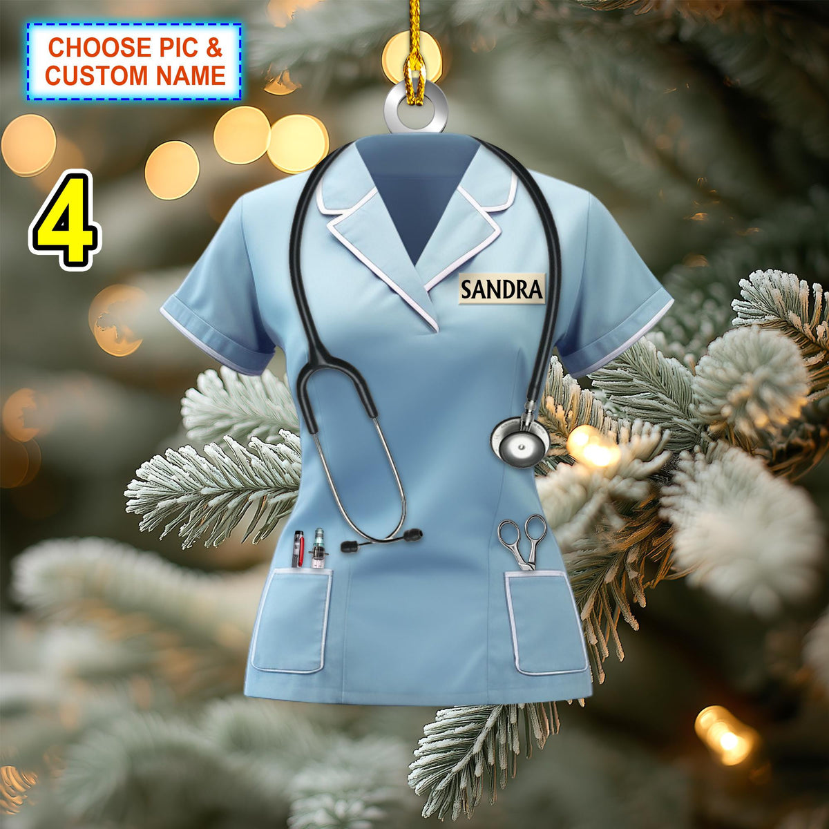 Custom Name Nurse Scrubs Christmas Ornament, Christmas Tree Hanging Decor, Flat 2D Ornament Acrylic/ Wooden, Nursing, Gift For Nurse