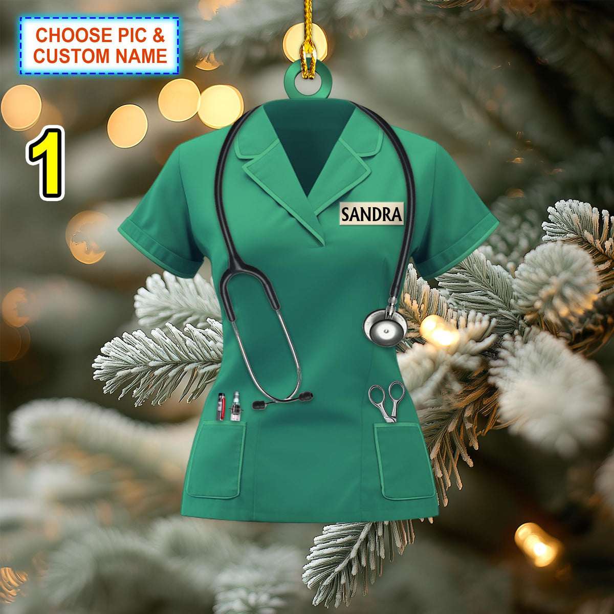 Custom Name Nurse Scrubs Christmas Ornament, Christmas Tree Hanging Decor, Flat 2D Ornament Acrylic/ Wooden, Nursing, Gift For Nurse