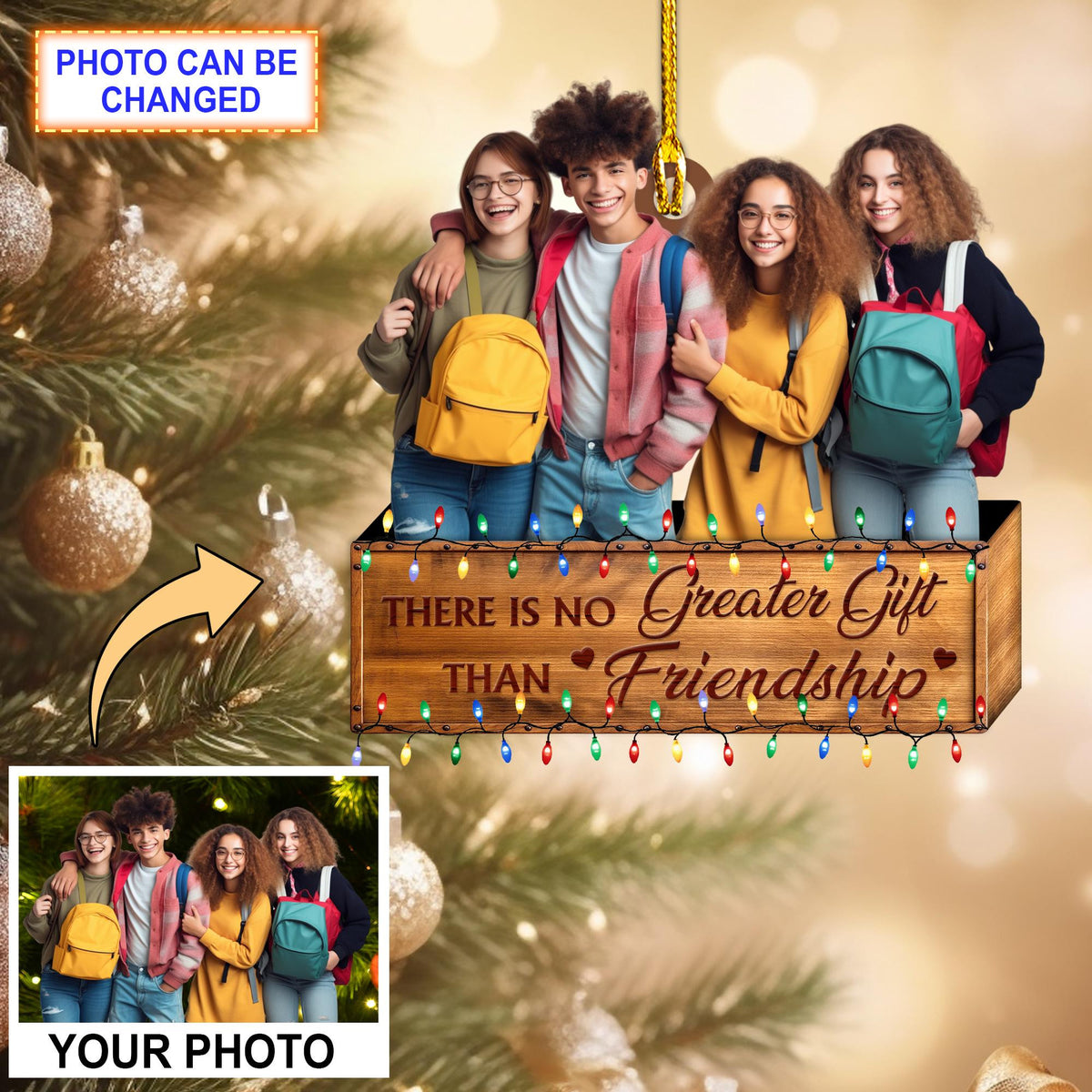 Custom Photo Friendship Ornament, Christmas Tree Hanging Decor, Christmas Ornament, Flat 2D Ornament Acrylic/ Wooden, Gift For Friends