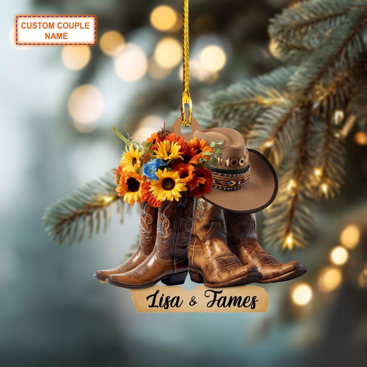 Custom Name Cowboy Couple Flower Christmas Ornament, Christmas Tree Hanging Decor, Flat 2D Ornament Acrylic, Gift for Cowboy