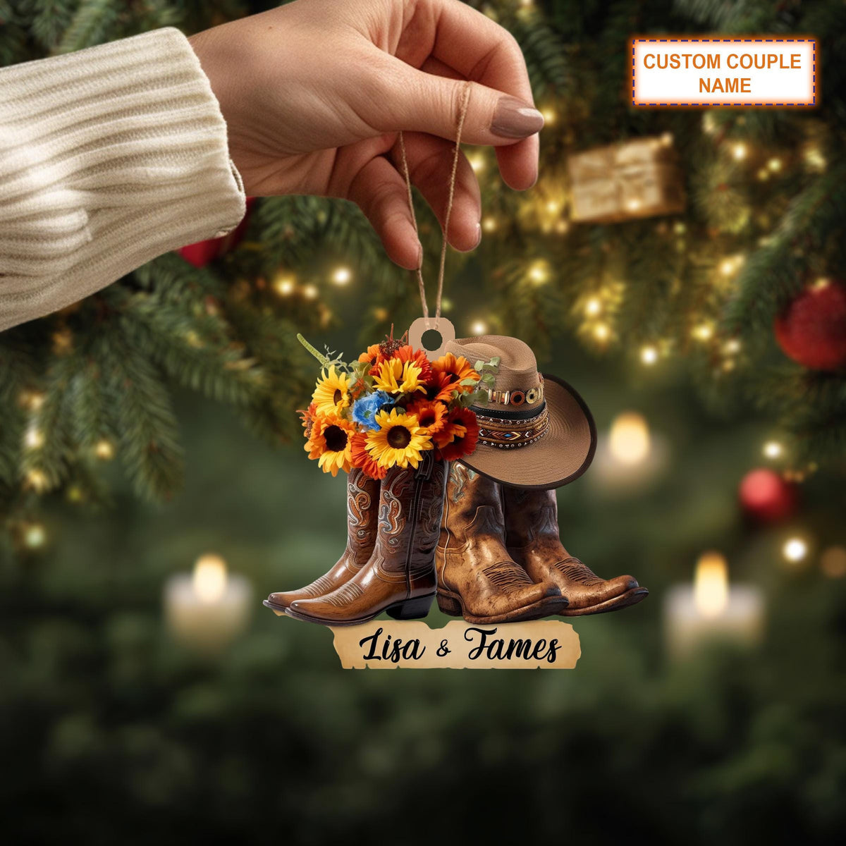 Custom Name Cowboy Couple Flower Christmas Ornament, Christmas Tree Hanging Decor, Flat 2D Ornament Acrylic, Gift for Cowboy