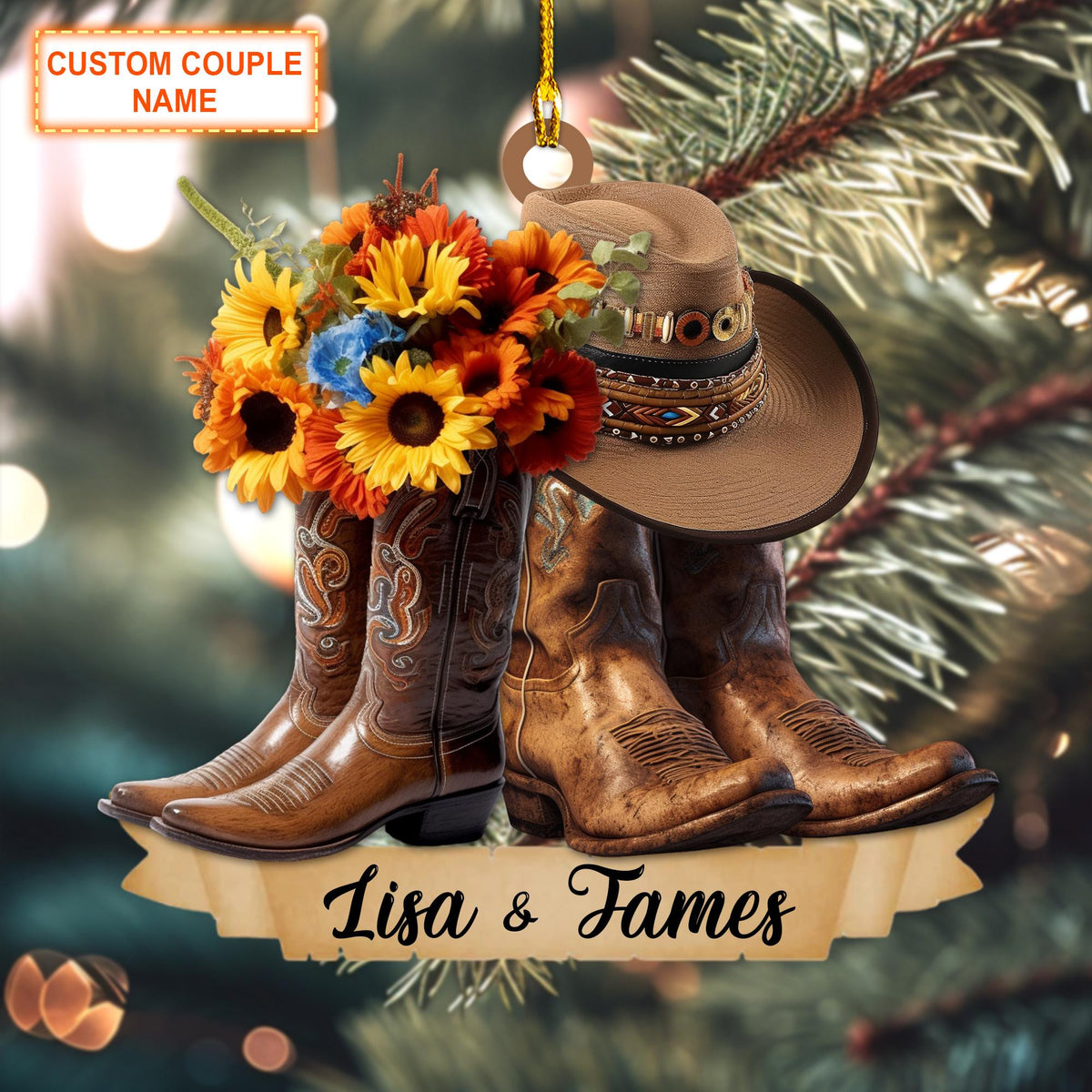 Custom Name Cowboy Couple Flower Christmas Ornament, Christmas Tree Hanging Decor, Flat 2D Ornament Acrylic, Gift for Cowboy