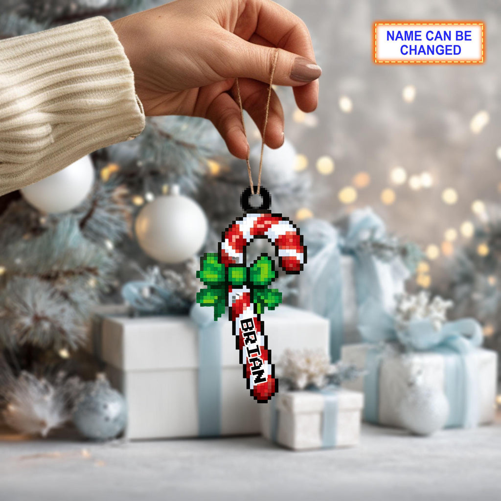 Custom Name Pixel Candy Cane Personalized Ornament, Christmas Tree Hanging Decor, 2D Flat Acrylic Christmas Ornament Holiday Gift Set Joy