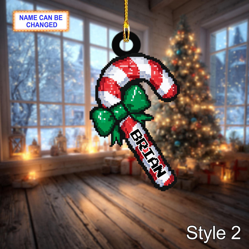 Custom Name Pixel Candy Cane Personalized Ornament, Christmas Tree Hanging Decor, 2D Flat Acrylic Christmas Ornament Holiday Gift Set Joy