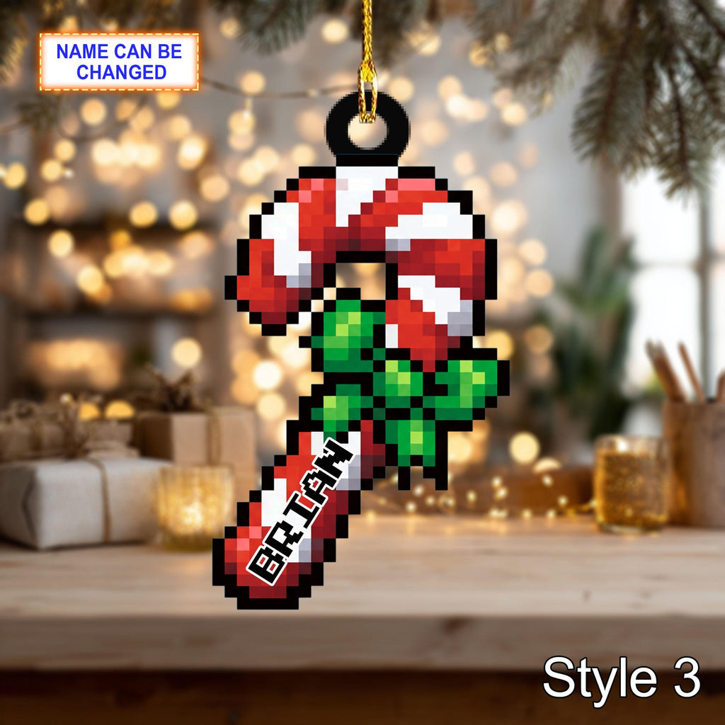 Custom Name Pixel Candy Cane Personalized Ornament, Christmas Tree Hanging Decor, 2D Flat Acrylic Christmas Ornament Holiday Gift Set Joy