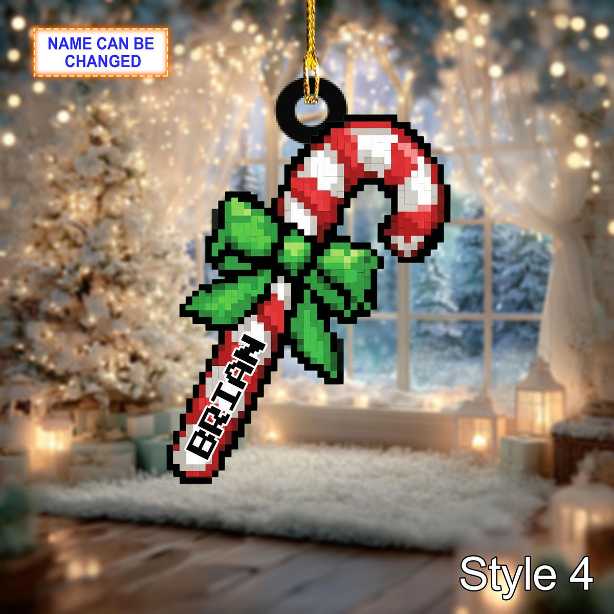 Custom Name Pixel Candy Cane Personalized Ornament, Christmas Tree Hanging Decor, 2D Flat Acrylic Christmas Ornament Holiday Gift Set Joy