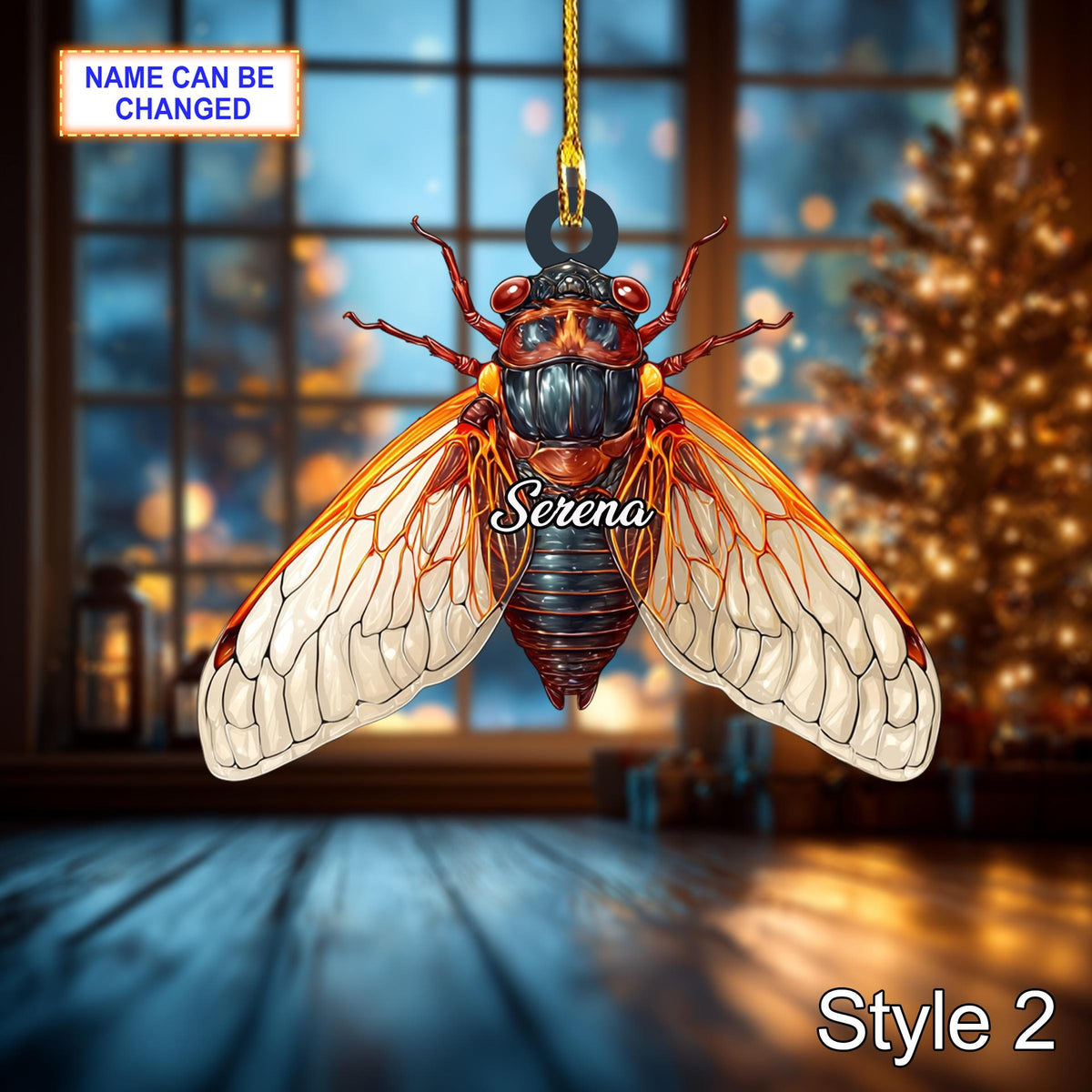 Custom Name Dry Pressing Cicada Personalized Holiday Ornament, Christmas Tree Hanging Decor, 2D Flat Acrylic Christmas Ornament Holiday Gift