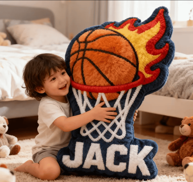 Personalized Basketball Flame Pillow with Custom Name and Bold Design for Basketball Enthusiasts