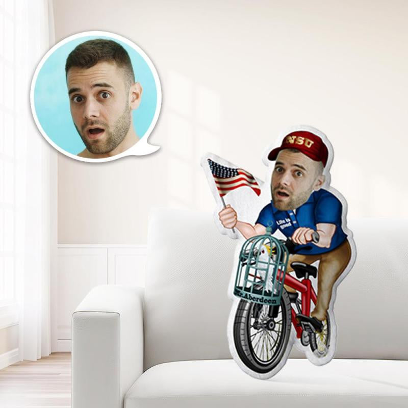 Custom Bicycle Man Holding A Banner, Toy For Face Dolls, Personalized Photo Of My Face On A Pillow, Unique Personalized Decorative Pillow, A Really Fun Gift