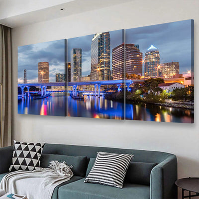 Beautiful Downtown Tampa Florida At Twilight Landscape, Multi Canvas Wall Art Ideas, Multi Pieces Canvas Prints, 3Pcs 5Pcs Multi Panel Wall Art