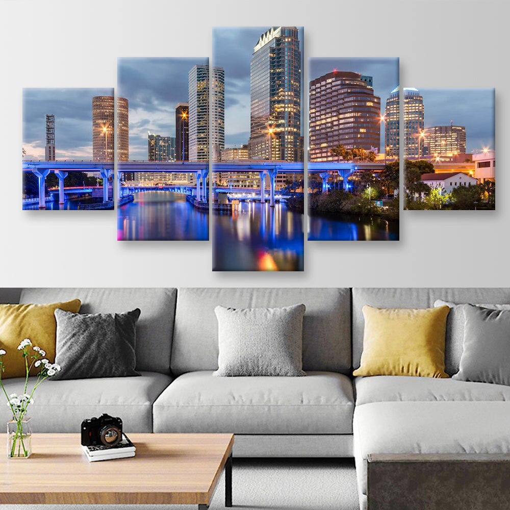 Beautiful Downtown Tampa Florida At Twilight Landscape, Multi Canvas Wall Art Ideas, Multi Pieces Canvas Prints, 3Pcs 5Pcs Multi Panel Wall Art