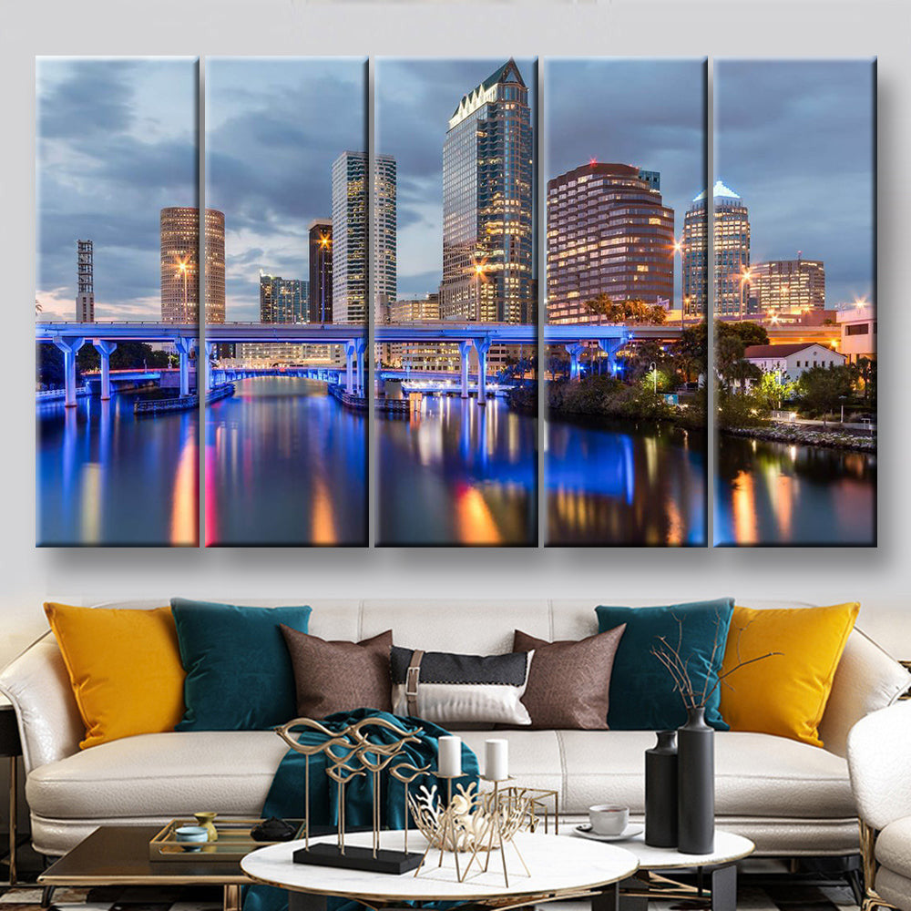 Beautiful Downtown Tampa Florida At Twilight Landscape, Multi Canvas Wall Art Ideas, Multi Pieces Canvas Prints, 3Pcs 5Pcs Multi Panel Wall Art
