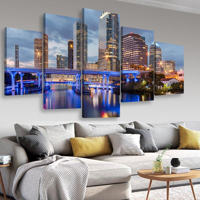 Beautiful Downtown Tampa Florida At Twilight Landscape, Multi Canvas Wall Art Ideas, Multi Pieces Canvas Prints, 3Pcs 5Pcs Multi Panel Wall Art